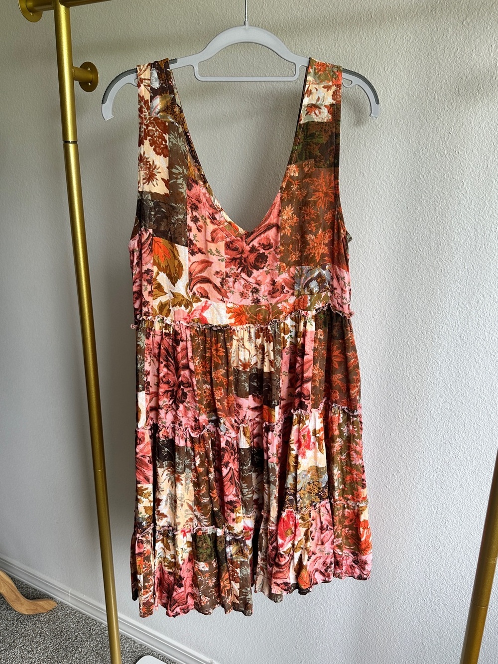 Talisman Sleeveless Floral Tiered Mini Dress in Pink and Brown